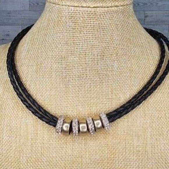 LYDELL NYC Leather Cord Necklace with Gold and Rhinestone Rings 18"L - Picture 1 of 5